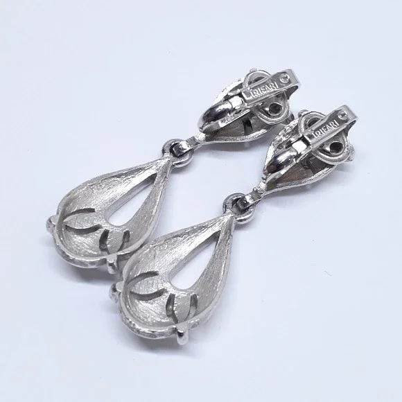 Vintage Crown Trifari Earrings Signed Clip On Silver Tone Dangle - Picture 11 of 16